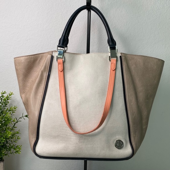 Vince Camuto Tote Bag Color Block Beige White Coral Handbag Shoulder Bag Purse - Picture 1 of 11